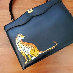 Elegant Vintage Black and Orange Leopard Handpainted Leather Handbag